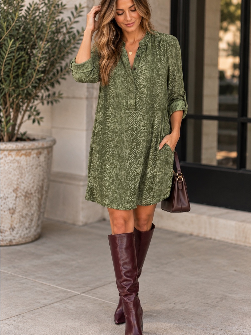 Banana Republic Olive Green Snakeskin Print Roll Tab Shirt Dress Size 6